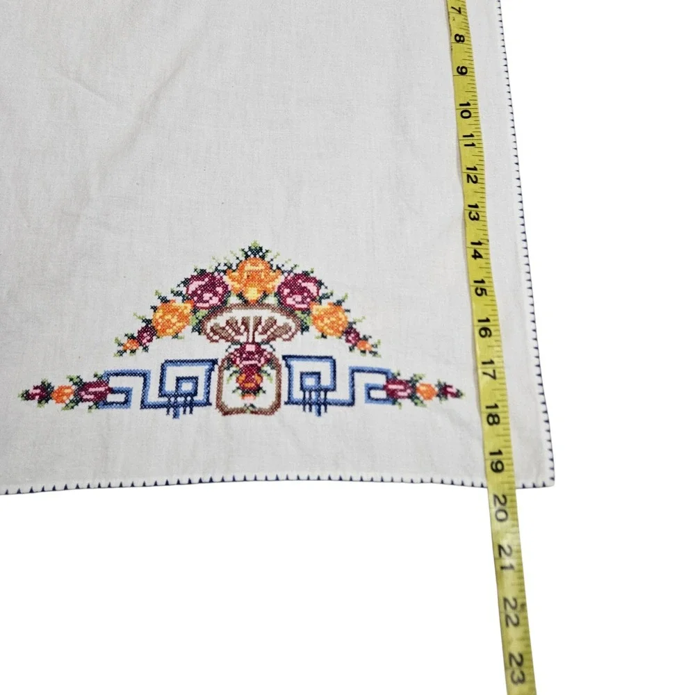 Vintage Cross Stitch Embroidered Floral Linen‎ Tea Towel Asian Cottagecore